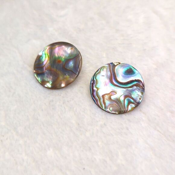 Vintage 80's Round Button Abalone Pierced Earrigns - Picture 3 of 6